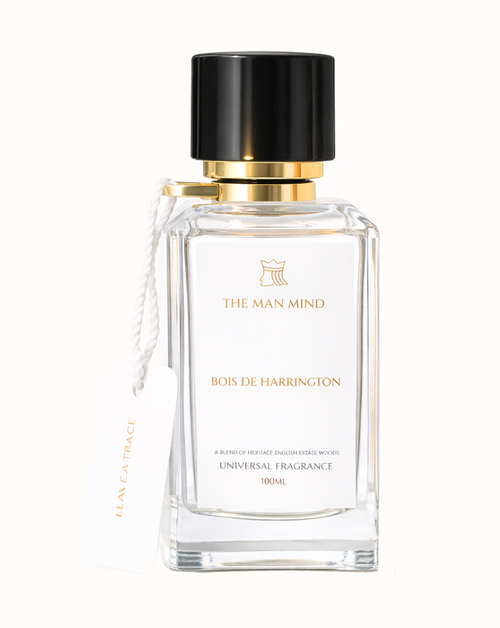 Bois de Harrington universal fragrance bottle with black cap on a white background

